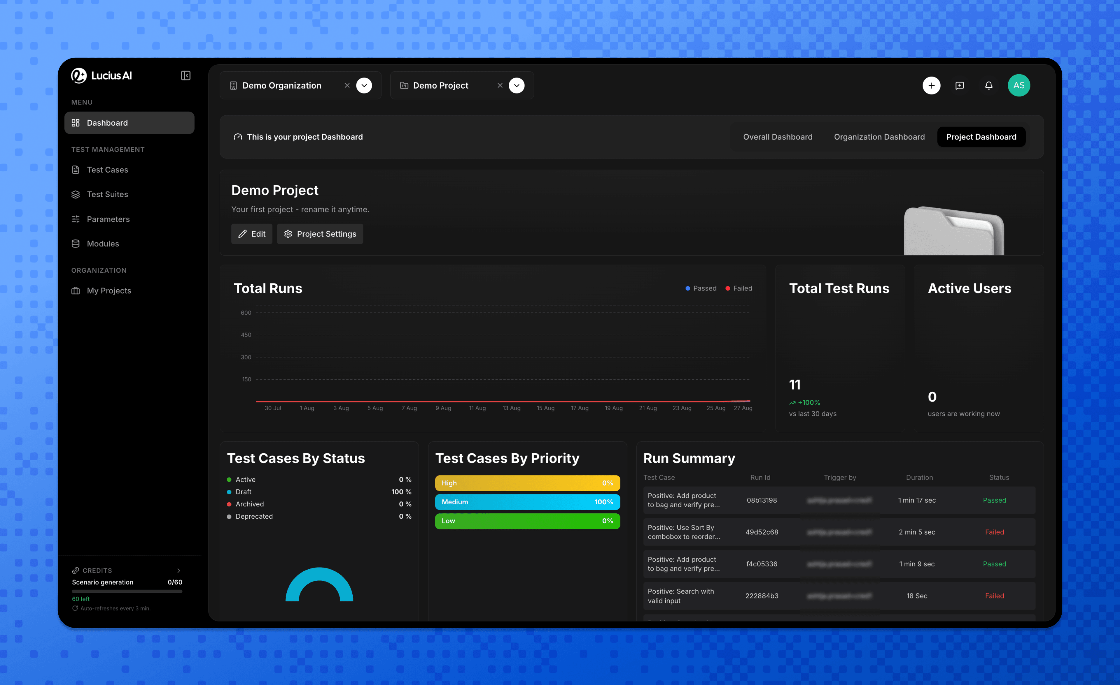 Lucius AI project dashboard showing total runs, test cases by status and priority, and recent run results