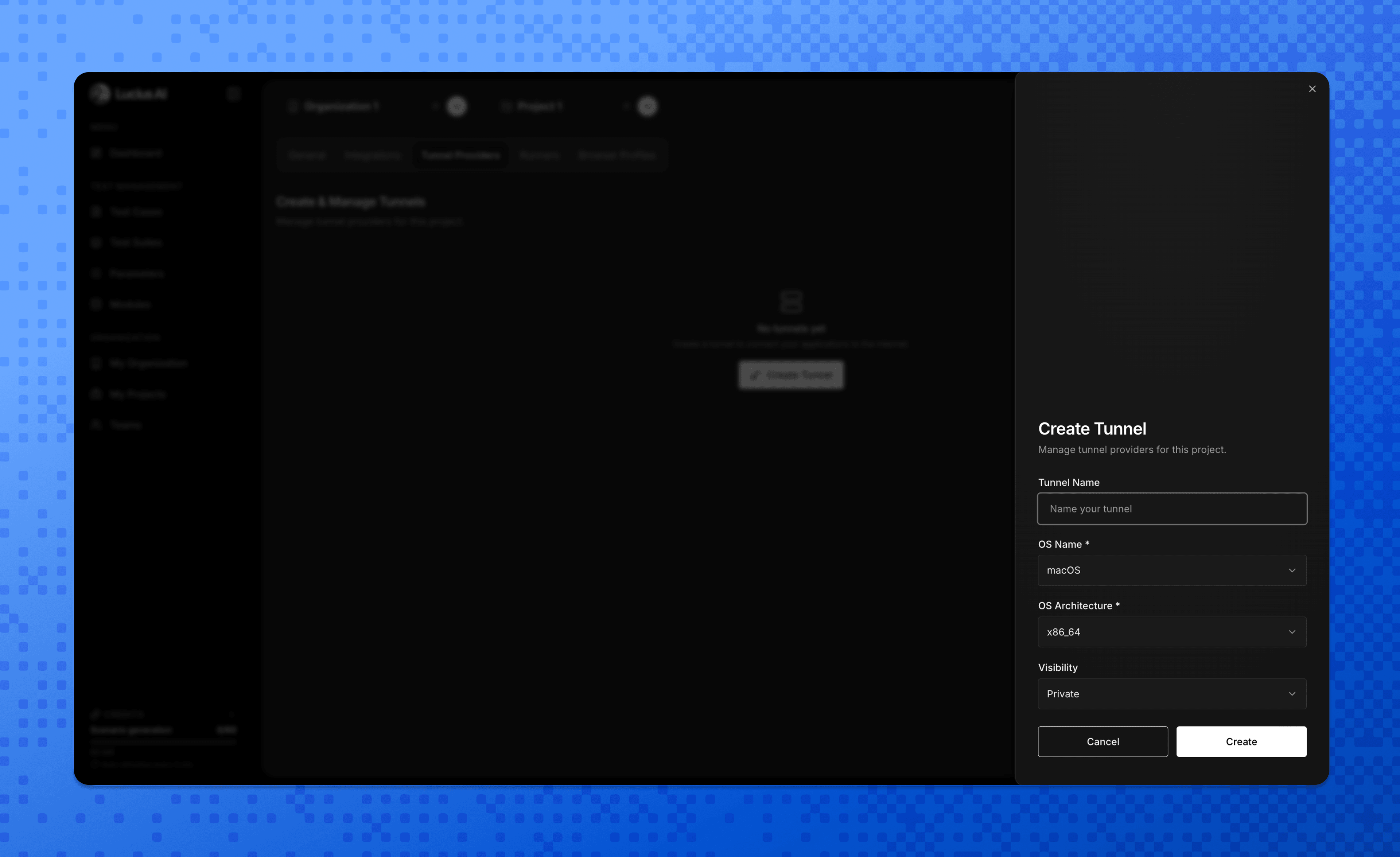 Lucius AI Create Tunnel panel with tunnel name, OS, architecture, and visibility fields